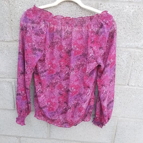 LOFT Blouse Size SP Pink Boho Off the Shoulder Semi Sheer Floral Smocked Hem - Picture 1 of 7